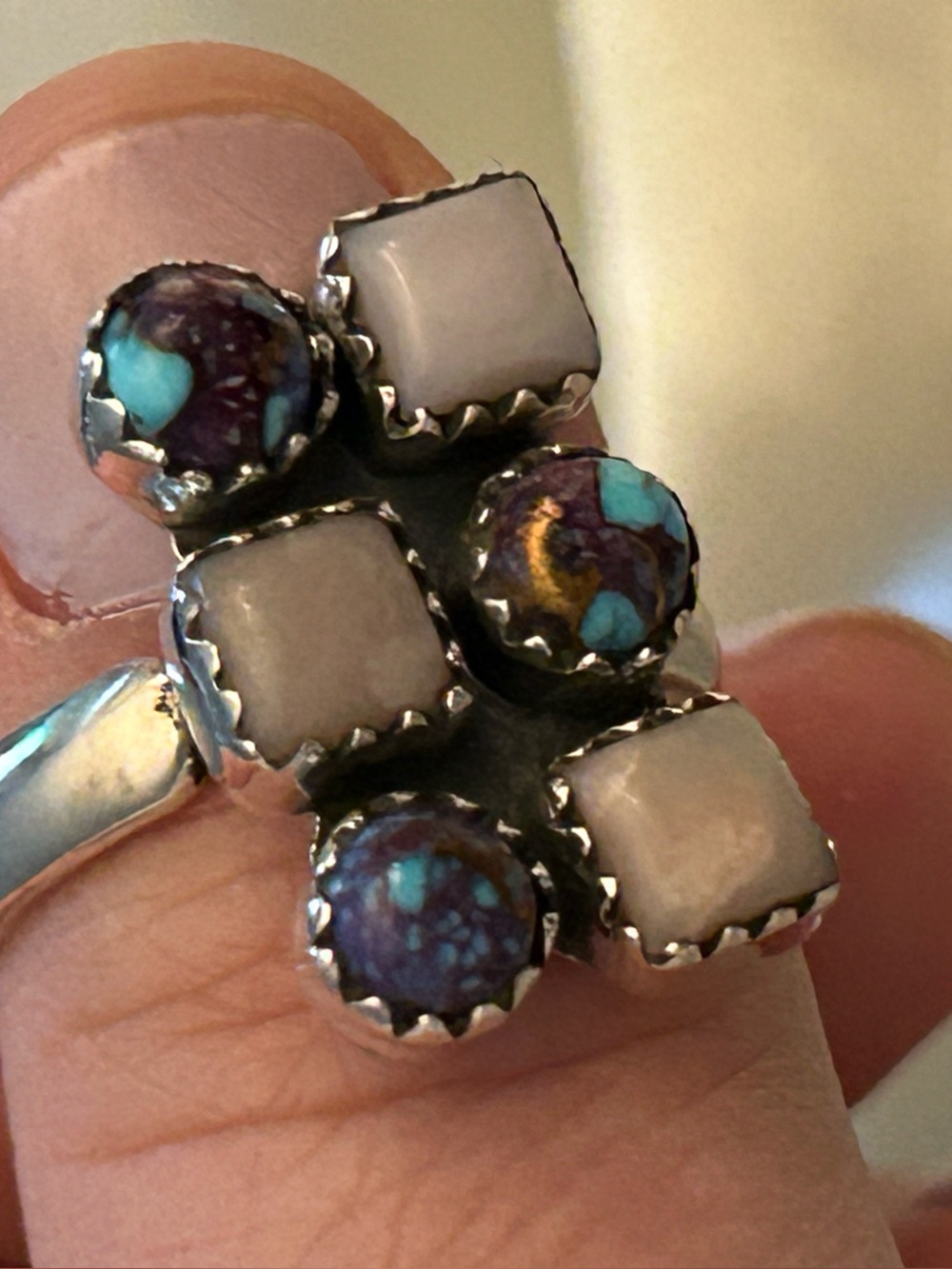 Sterling Silver Adjustable Pink Opal and Purple Mojave Ring - Picture 6 of 7